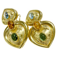 Yellow Gold Heart Topaz Citrine Tourmaline Earrings