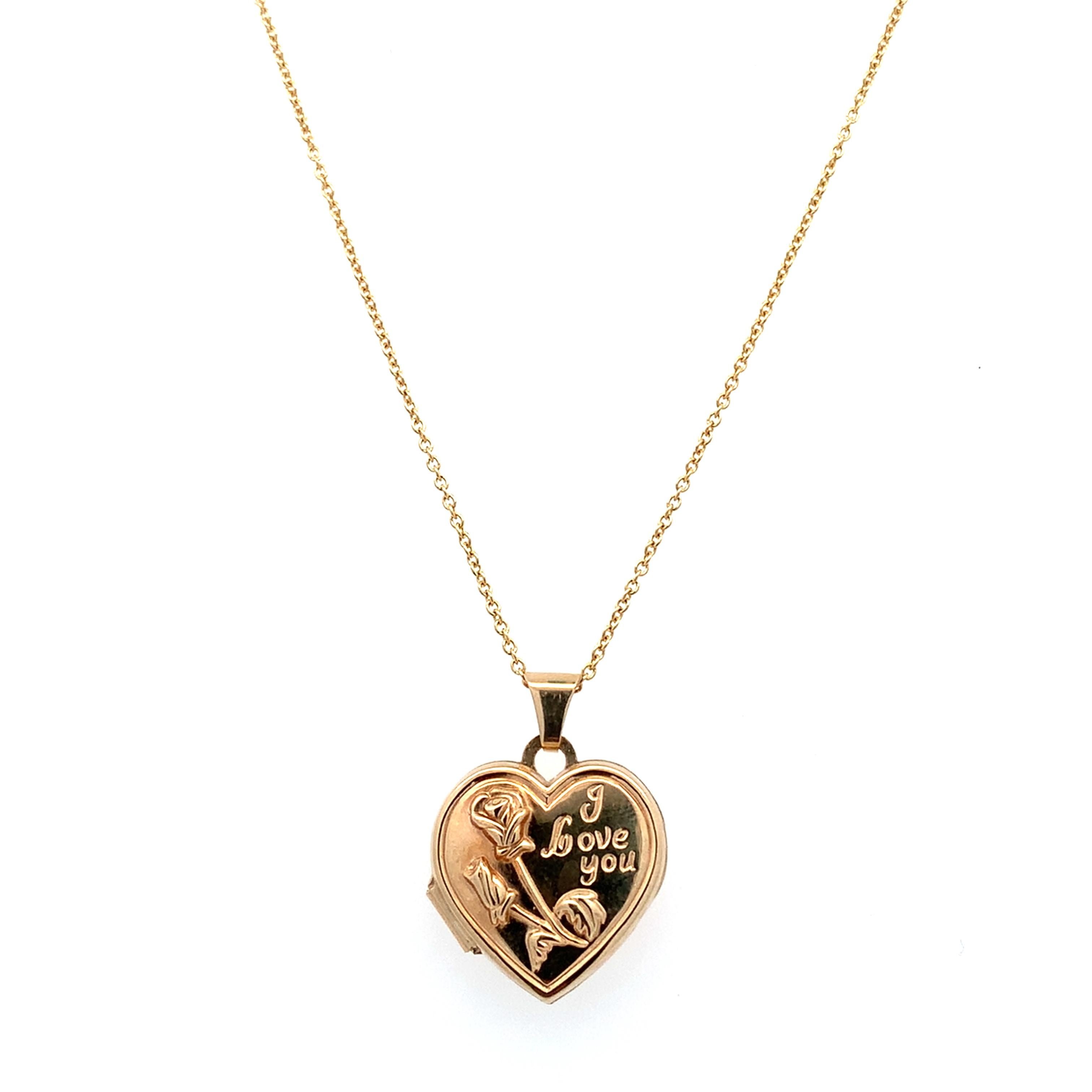 Yellow Gold Heart Locket Necklace with Rose Engraving For Sale 1