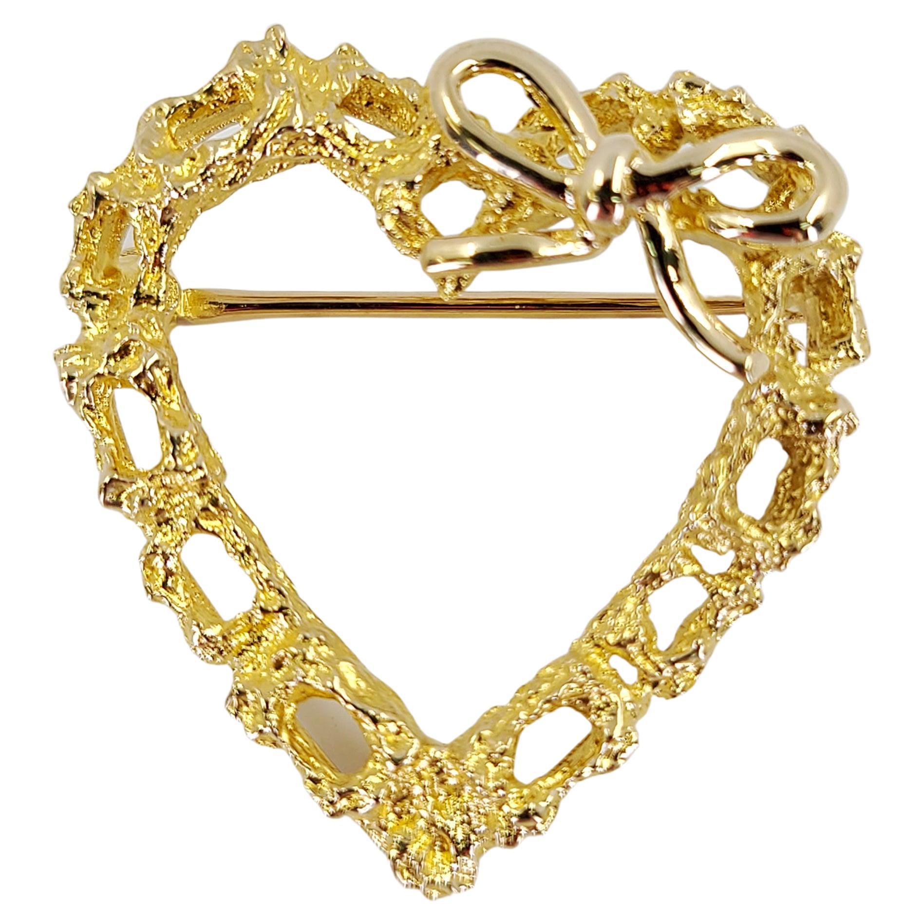 Yellow Gold Heart Outline Pin with Bow Accent For Sale
