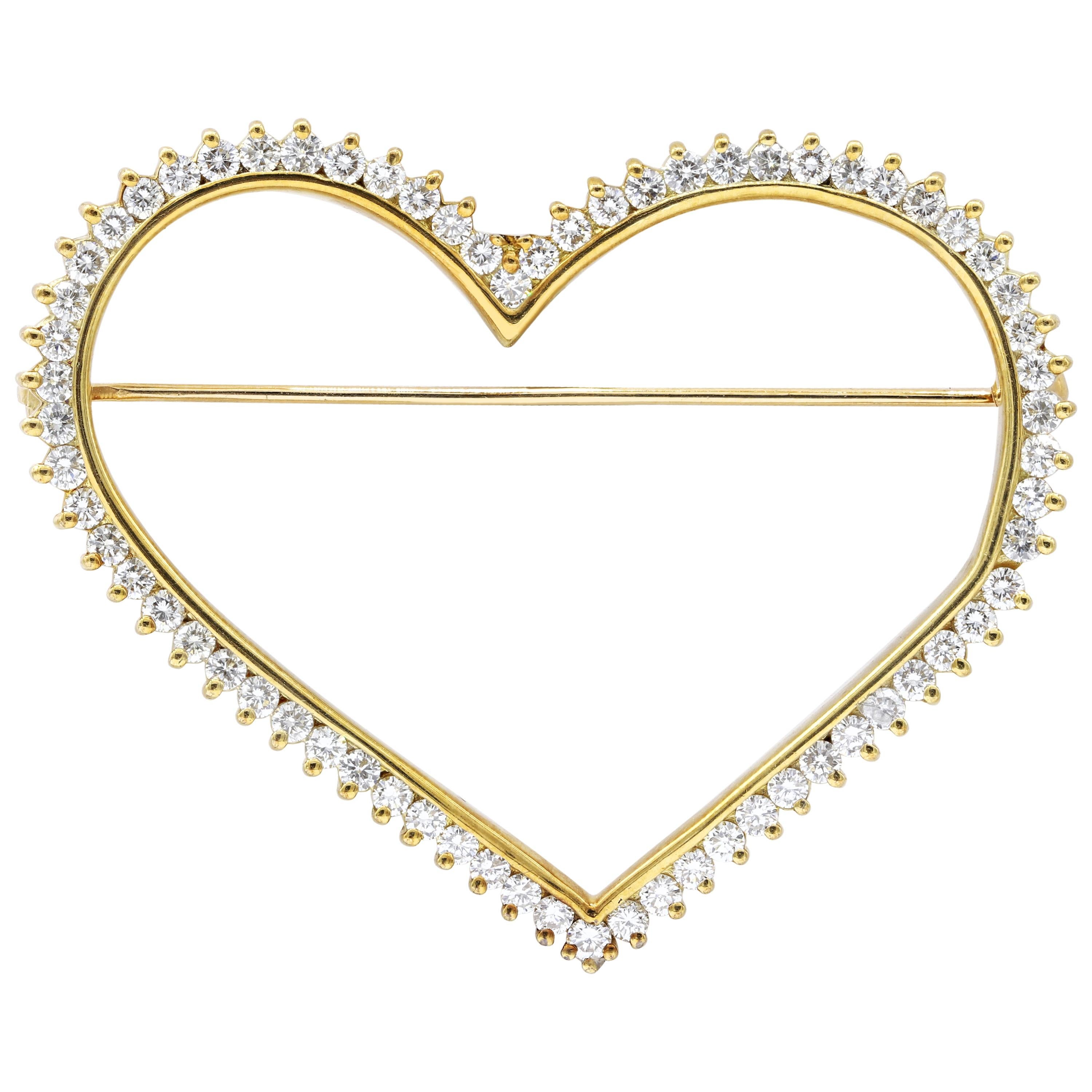 Yellow Gold Heart Shape Brooch Features Diamonds For Sale