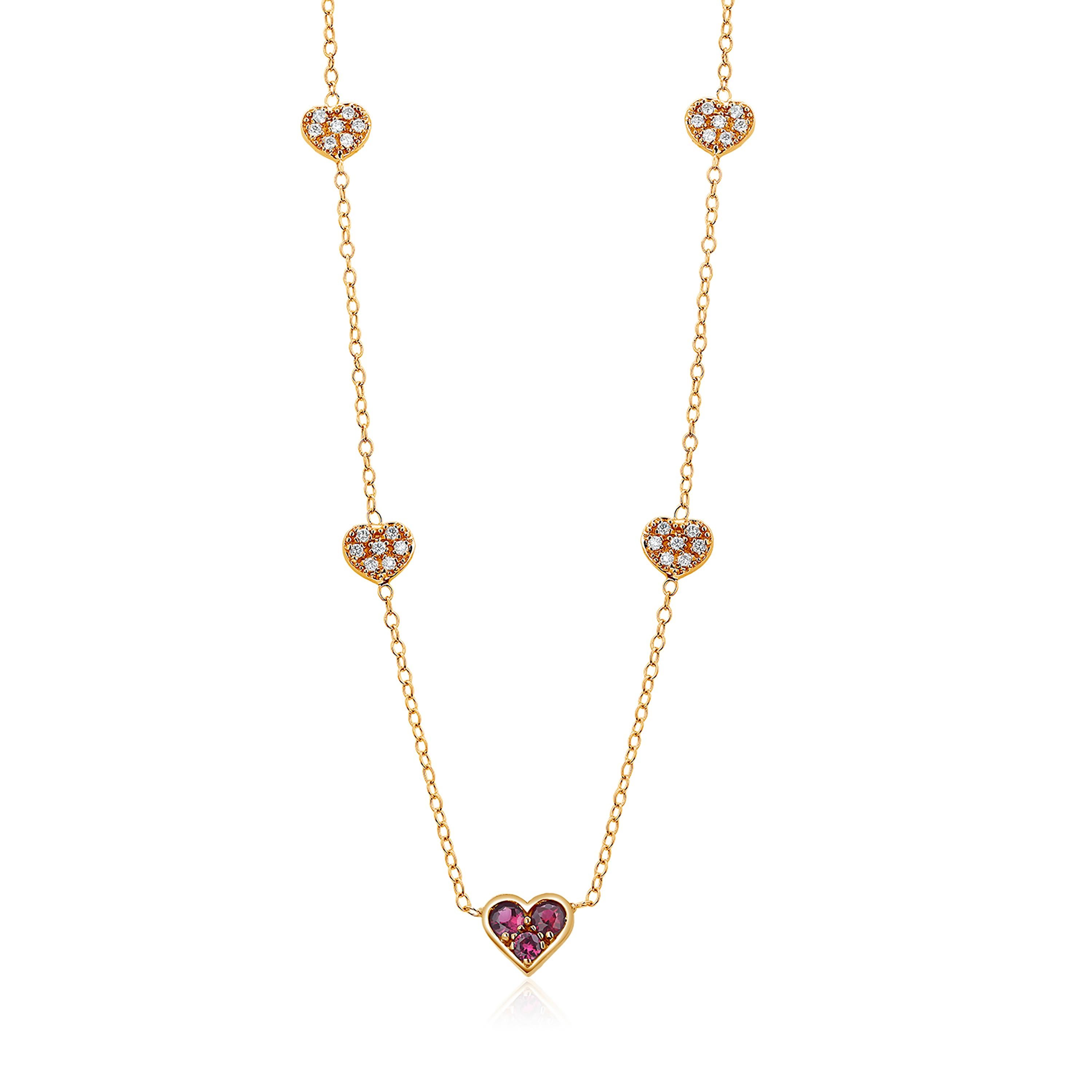 Round Cut Yellow Gold Heart Shaped Ruby and Four Diamond Heart Charm Pendant
