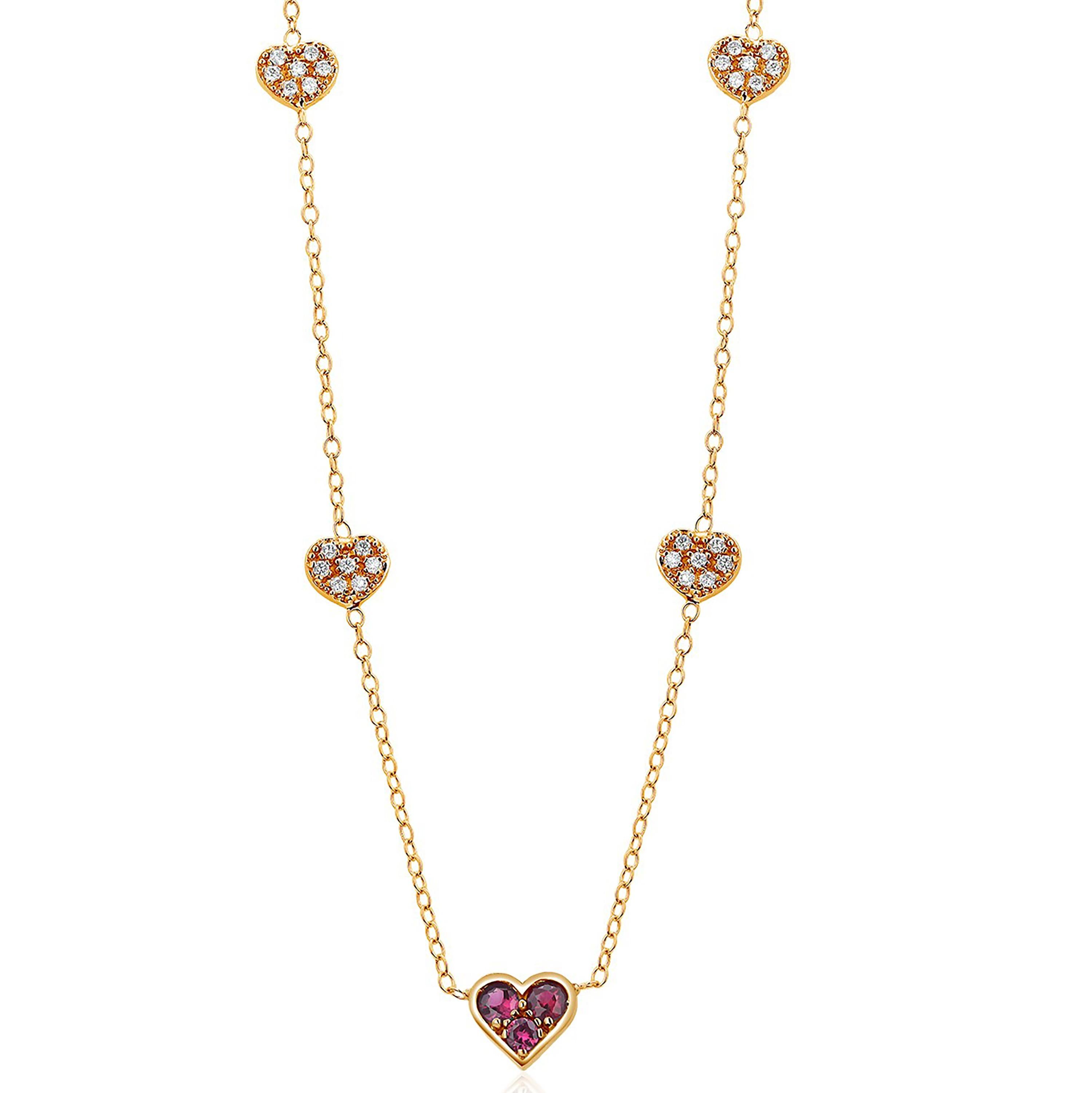 Women's or Men's Yellow Gold Heart Shaped Ruby and Four Diamond Heart Charm Pendant