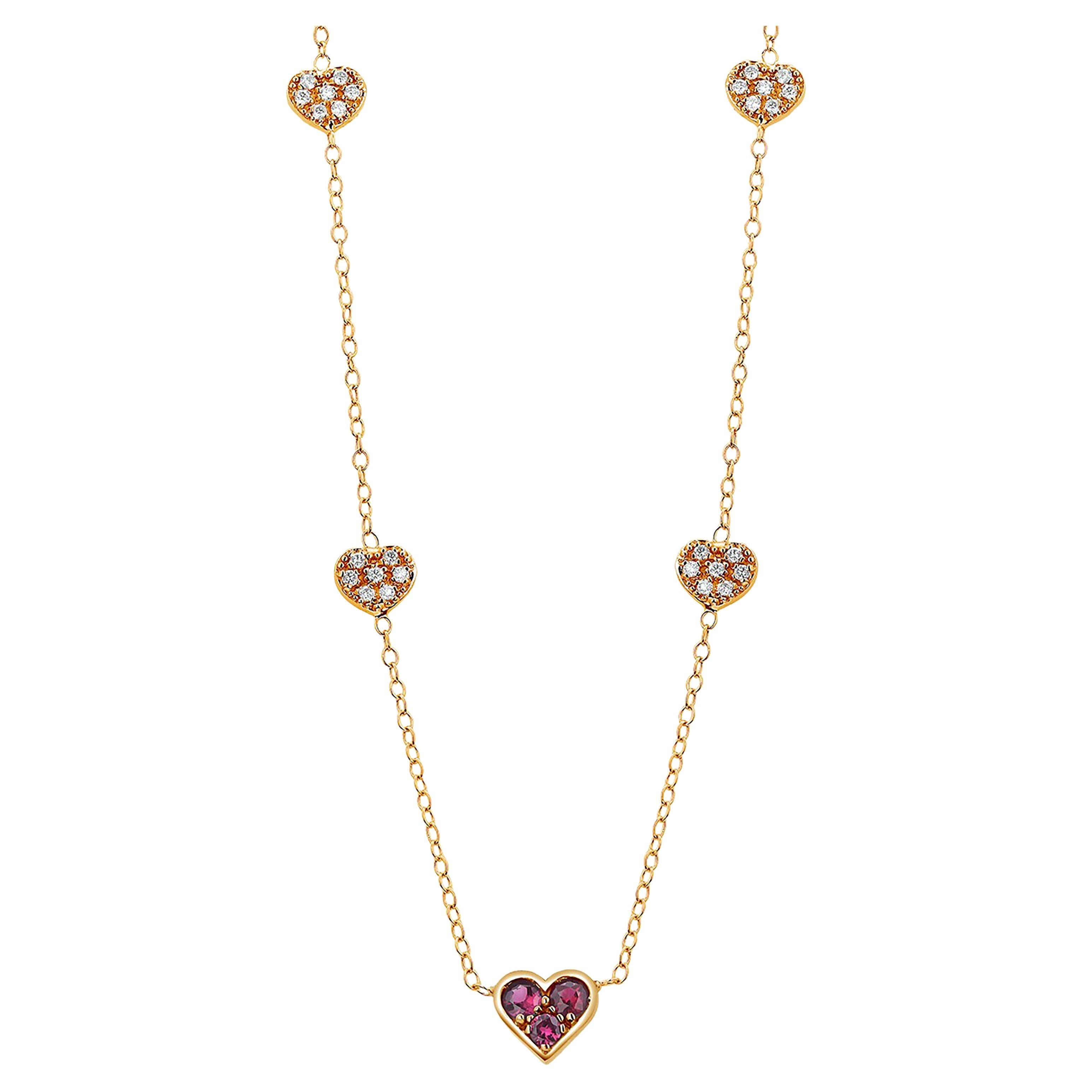 Yellow Gold Heart Shaped Ruby and Four Diamond Heart Charm Pendant