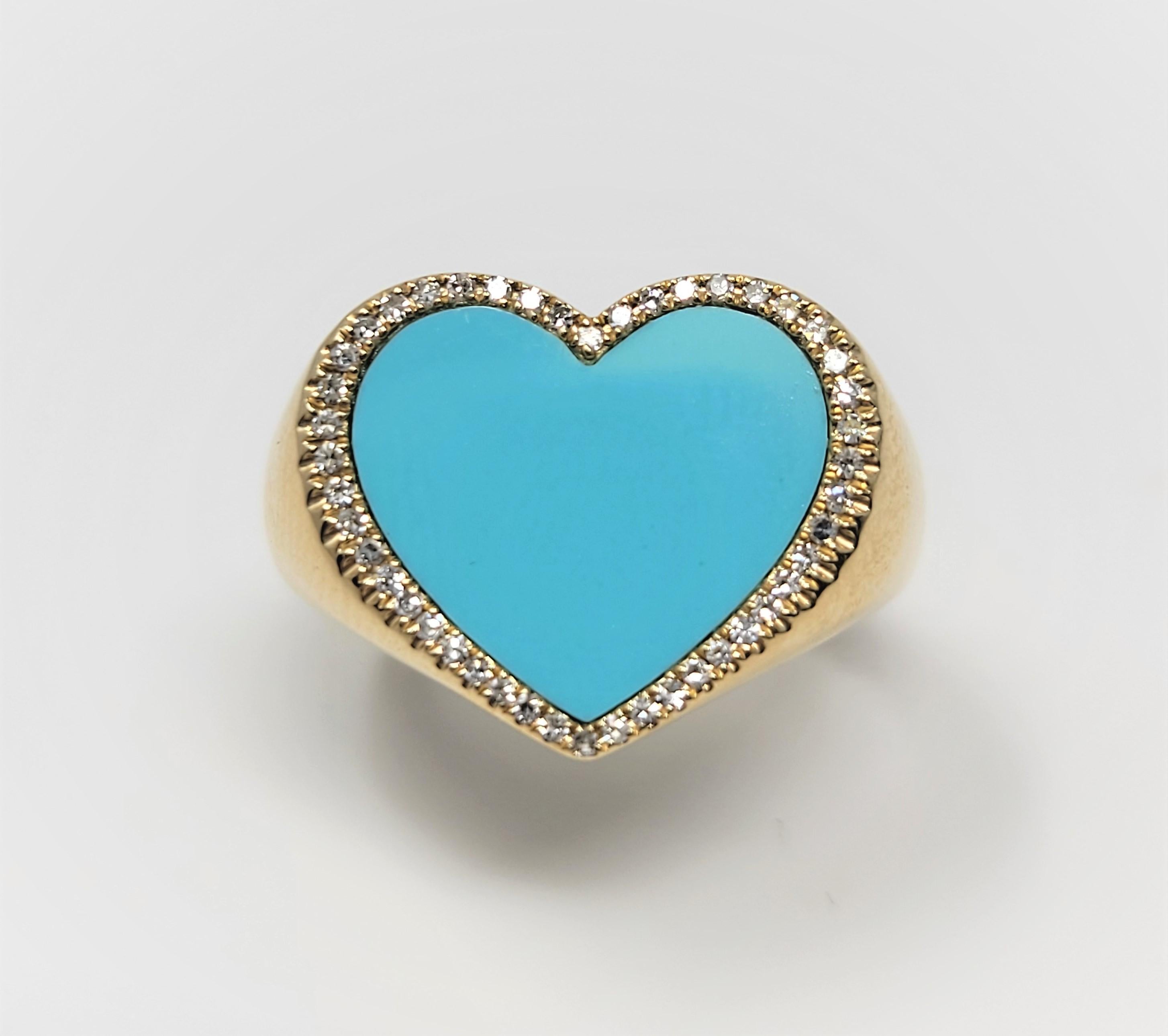 Women's or Men's Yellow Gold Heart Shaped Turquoise Diamond Ring For Sale