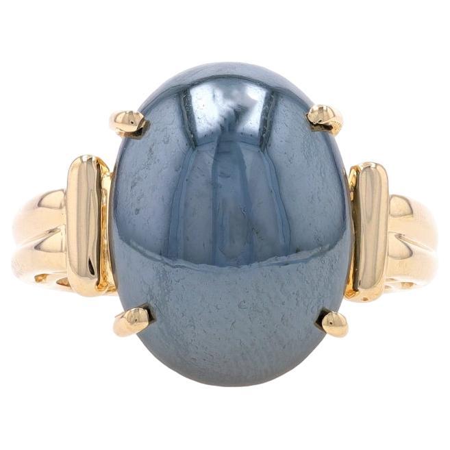 Yellow Gold Hematite Cocktail Solitaire Ring - 14k Oval Cabochon For Sale