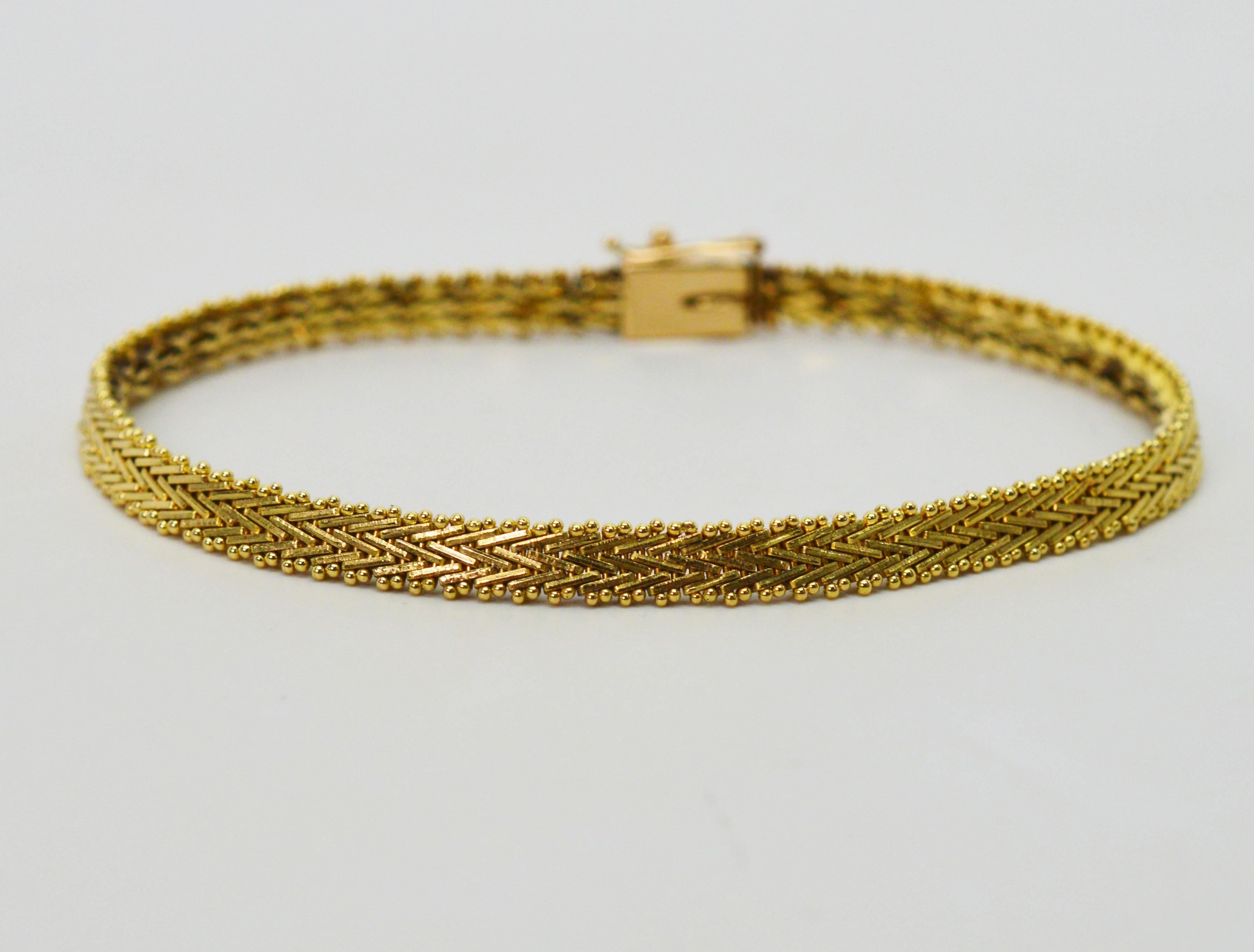14 Karat Yellow Gold Slender Herringbone Bracelet In Excellent Condition In Mount Kisco, NY