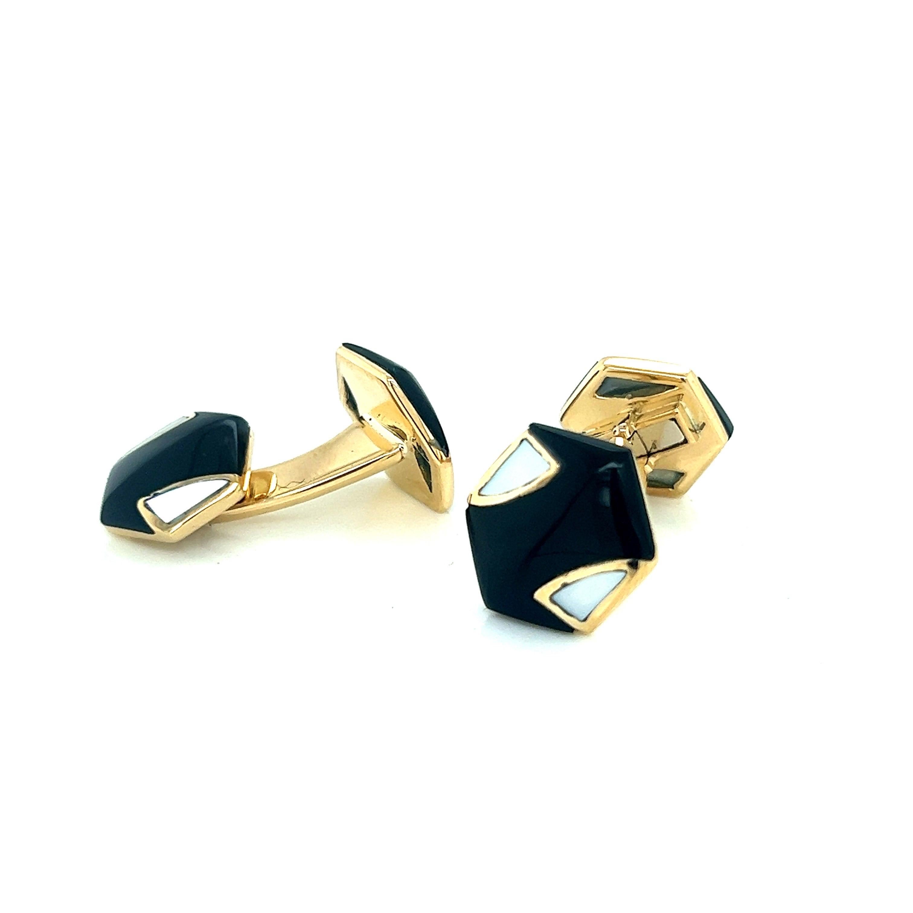 Hexagon Cut Yellow Gold Hexagon Black Onyx and Mother-of-pearl Cufflinks For Sale