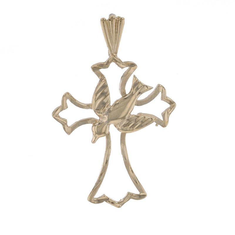 Brand: Michael Anthony

Metal Content: 14k Yellow Gold

Theme: Holy Spirit Budded Cross, Peace & Faith
Features: Smooth & matte finishes with etched detailing

Measurements
Tall (from stationary bail): 1 1/8