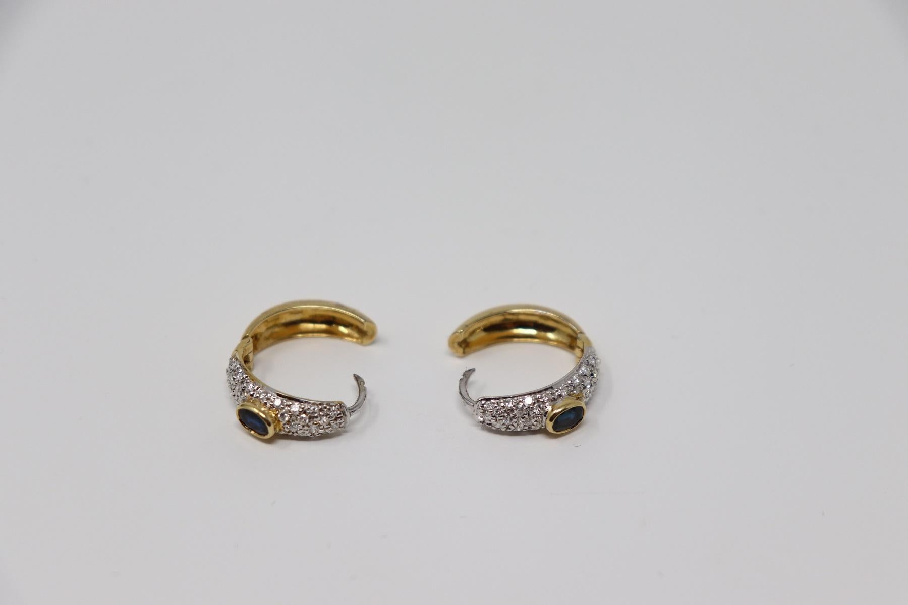 Yellow Gold Hoop Earrings with Brilliant Cut Diamonds and Blue Sapphire For Sale 2