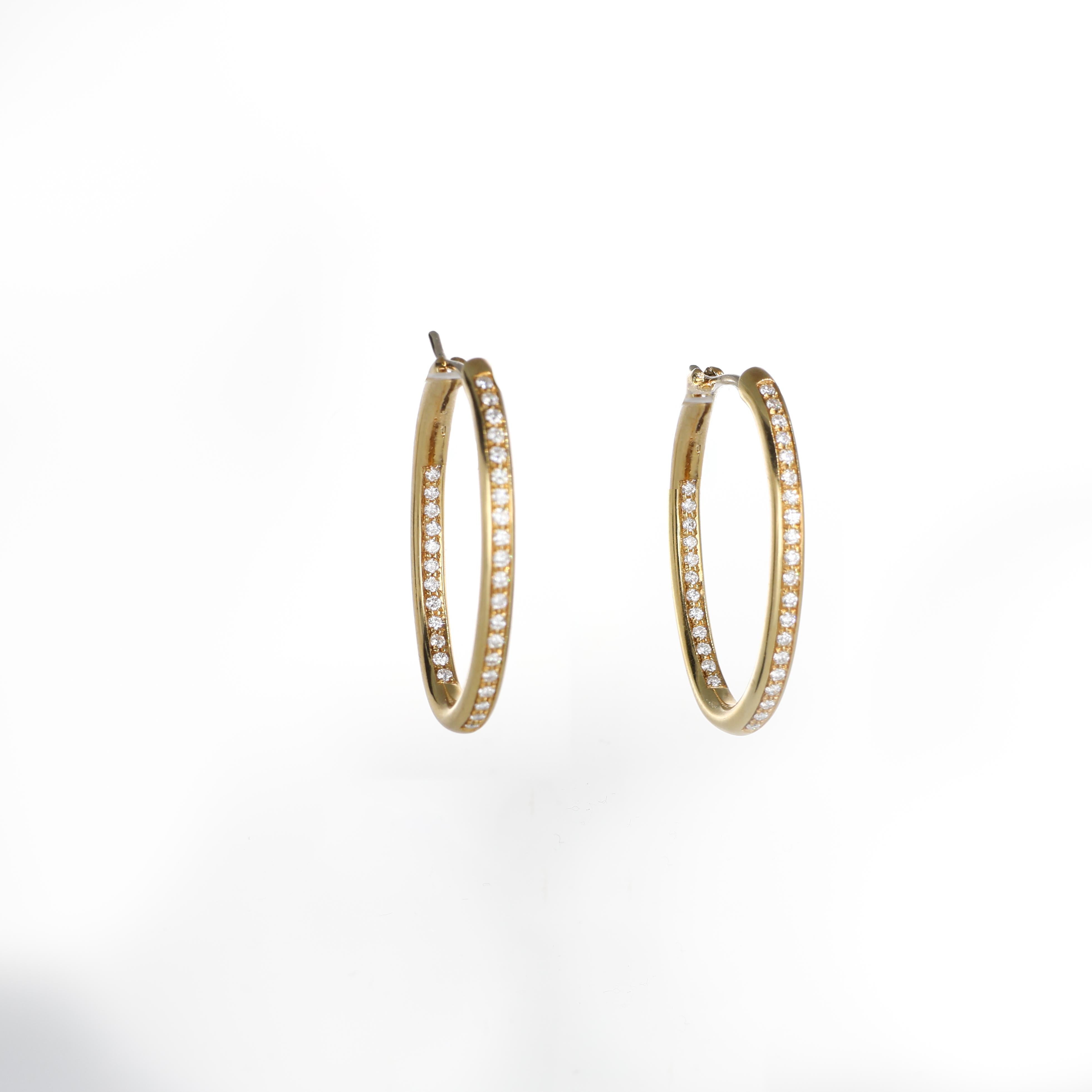 Brilliant Cut Yellow Gold Hoop Earrings with Central Diamond Line For Sale
