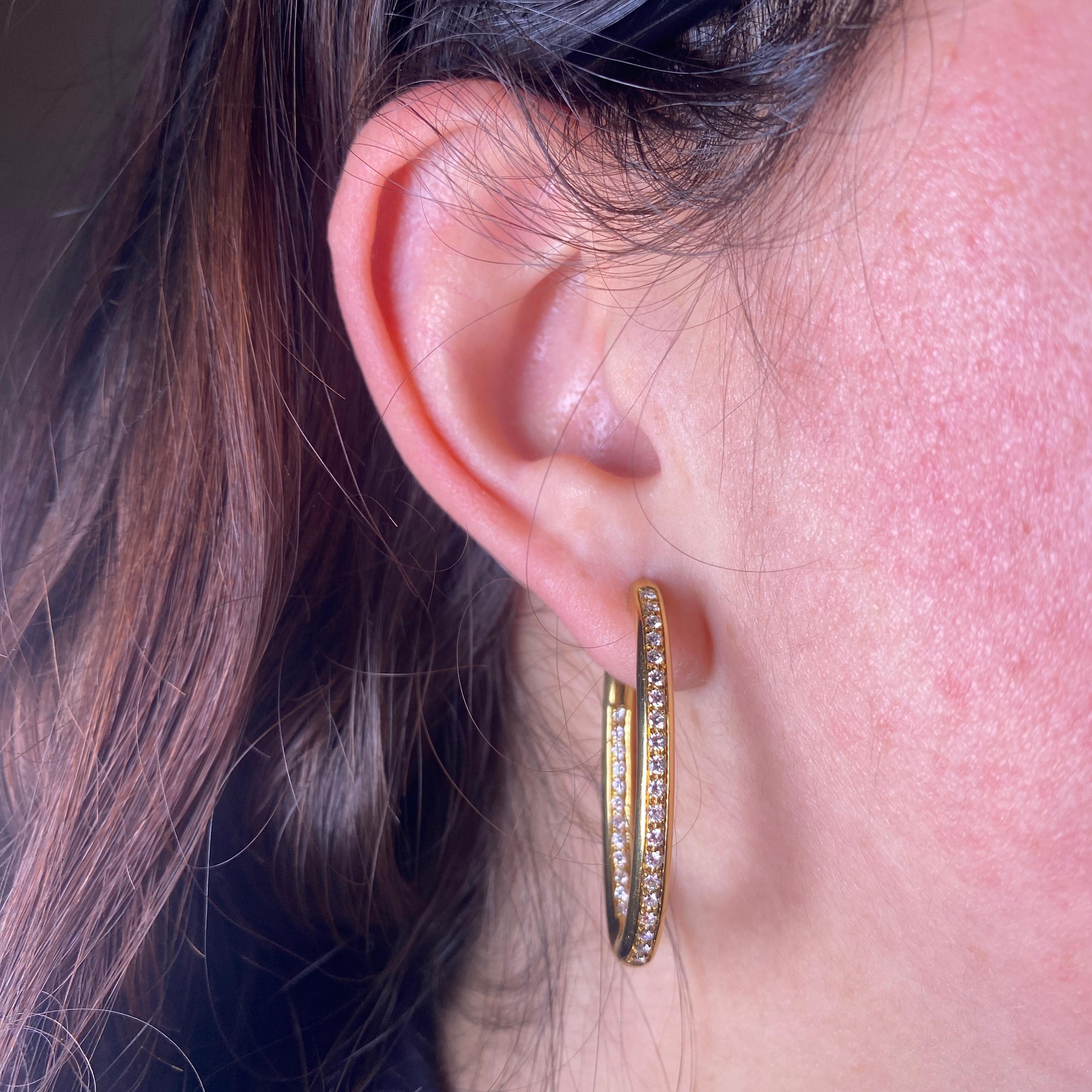 Women's or Men's Yellow Gold Hoop Earrings with Central Diamond Line For Sale