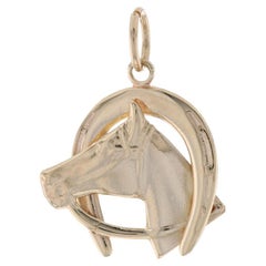 Yellow Gold Horse's Bust Horseshoe Charm, 14k Equestrian Good Luck Pendant