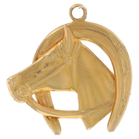 Yellow Gold Horse's Bust & Horseshoe Charm - 14k Equestrian Pendant For Sale