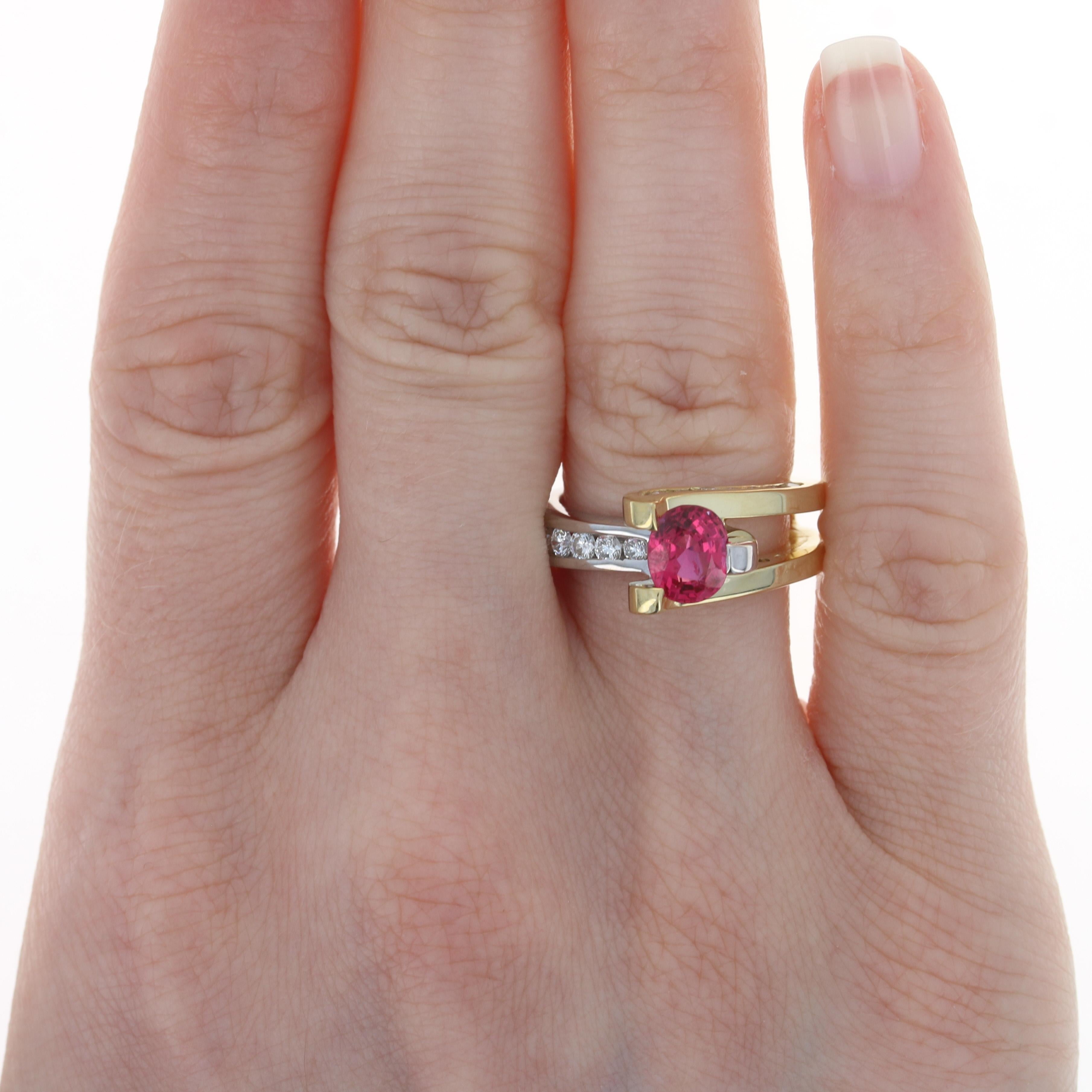 For Sale:  Yellow Gold Hot Pink Spinel & Diamond Bypass Ring, 18k Oval Cut 1.50ctw 2
