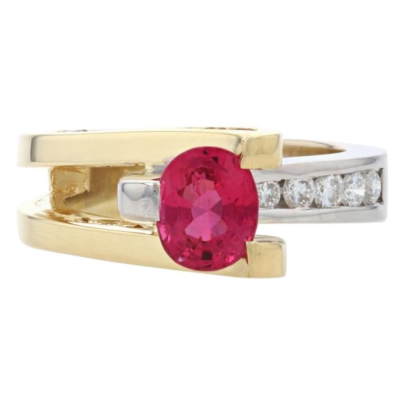 For Sale:  Yellow Gold Hot Pink Spinel & Diamond Bypass Ring, 18k Oval Cut 1.50ctw