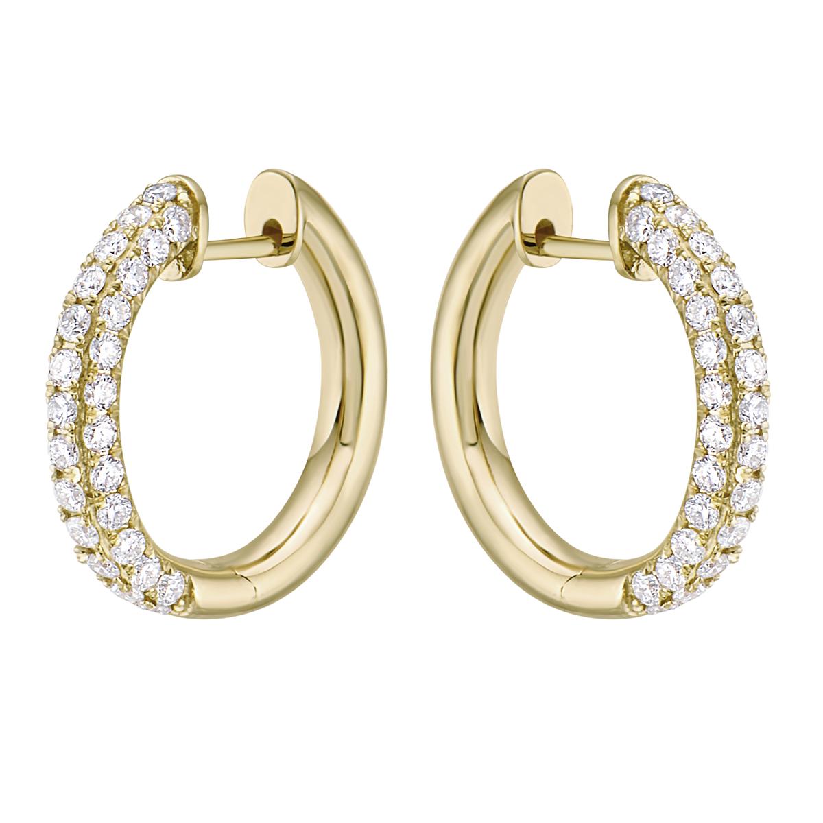 With these exquisite yellow gold huggies hoop diamond earrings, style and glamour are in the spotlight. These yellow gold hoop earrings are set in 14-karat gold and made from 5.0 grams of gold. The color of the diamonds is GH. The clarity is SI1.