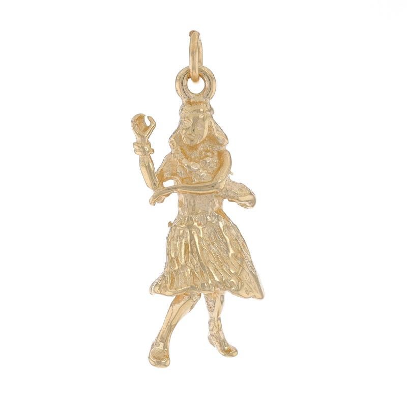 Metal Content: 14k Yellow Gold

Theme: Hula Dancer, Hawaii, Travel Souvenir
Features: The figure remains in a fixed, non-movable position.

Measurements

Tall (from stationary bail): 1 3/32
