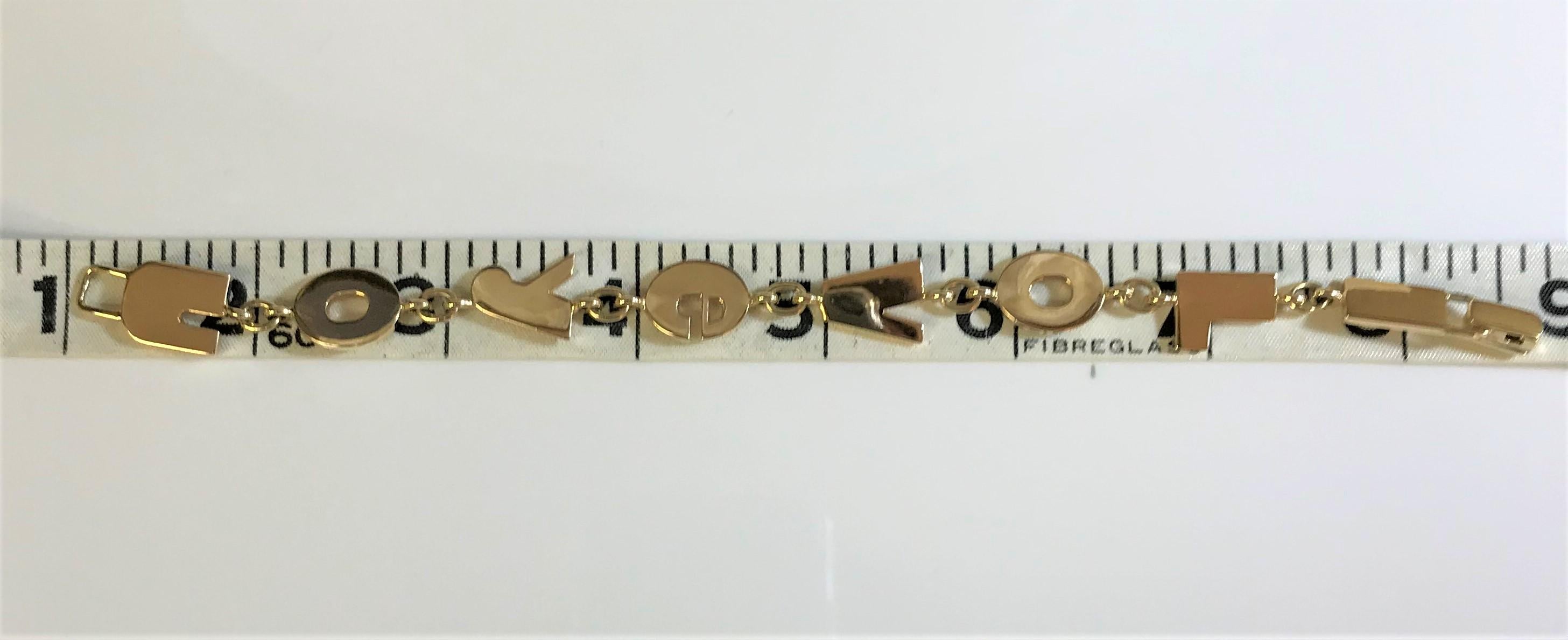 There is no better way to show your love than to have it written with your jewelry!
14 karat yellow gold bracelet spells out I LOVE YOU
Letters connected by links
Fold-over catch clasp
This piece is new and has never been worn
Approximately 7.5