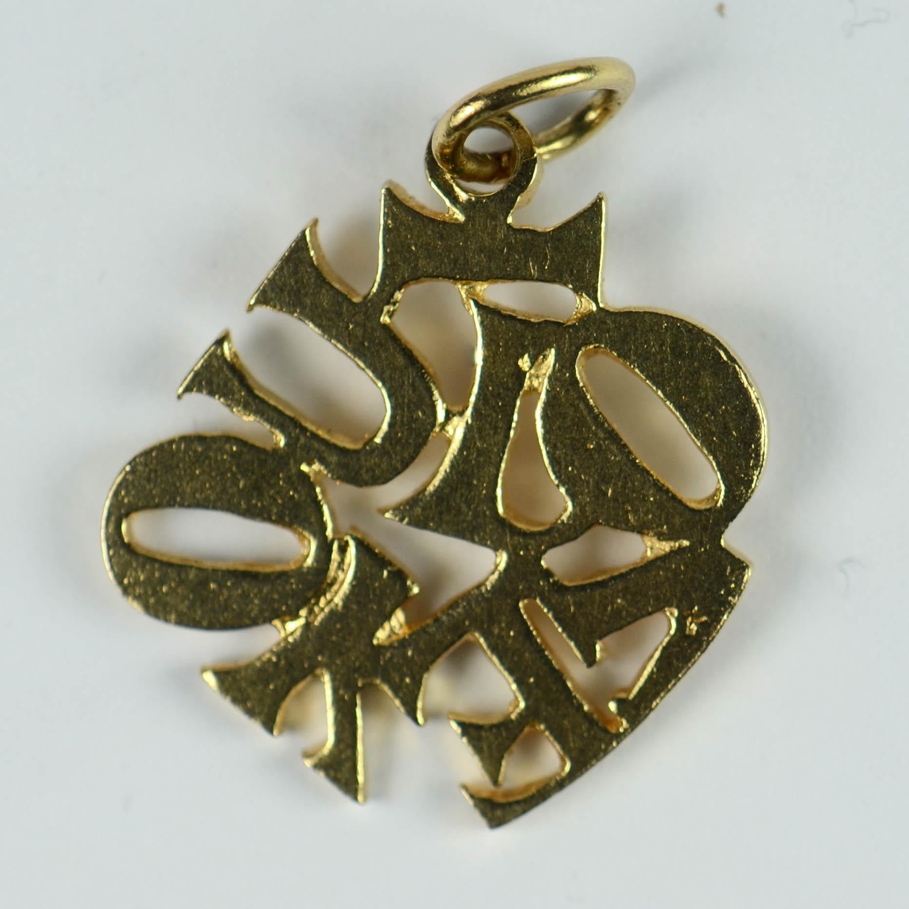 A 14 karat yellow gold charm pendant depicting the letters of the phrase 'I love you' in a puzzle arrangement.

Measurements: 2.5 x 2.1 x 0.1 cm
Weight: 2.76 grams