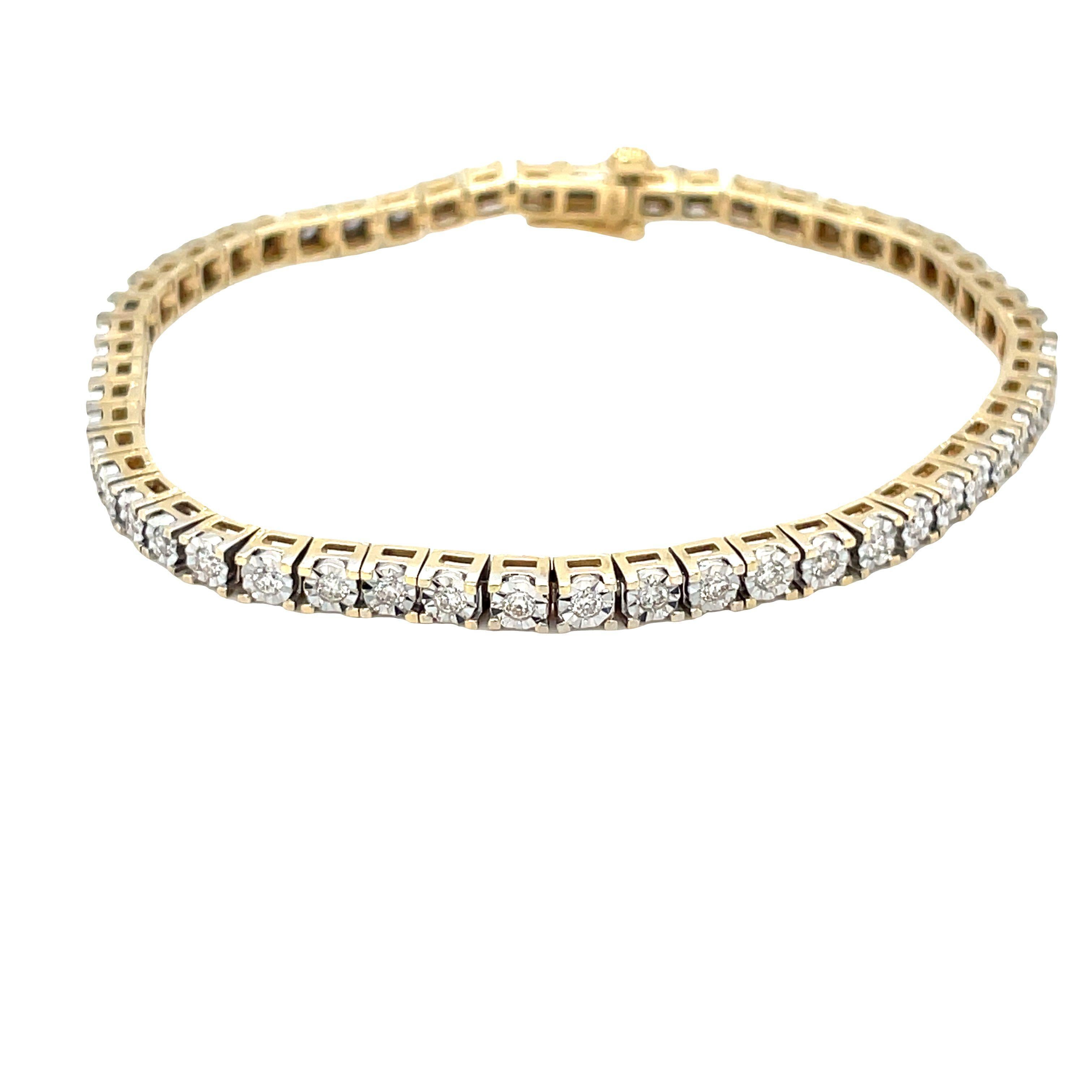 Elevate your everyday style with this enchanting Diamond Tennis Bracelet! Made from elegant 10 karat yellow gold, it features 1.90 carats of round cut diamonds with G to H color and SI2 clarity. The 54 diamonds and unique illusion setting enhance