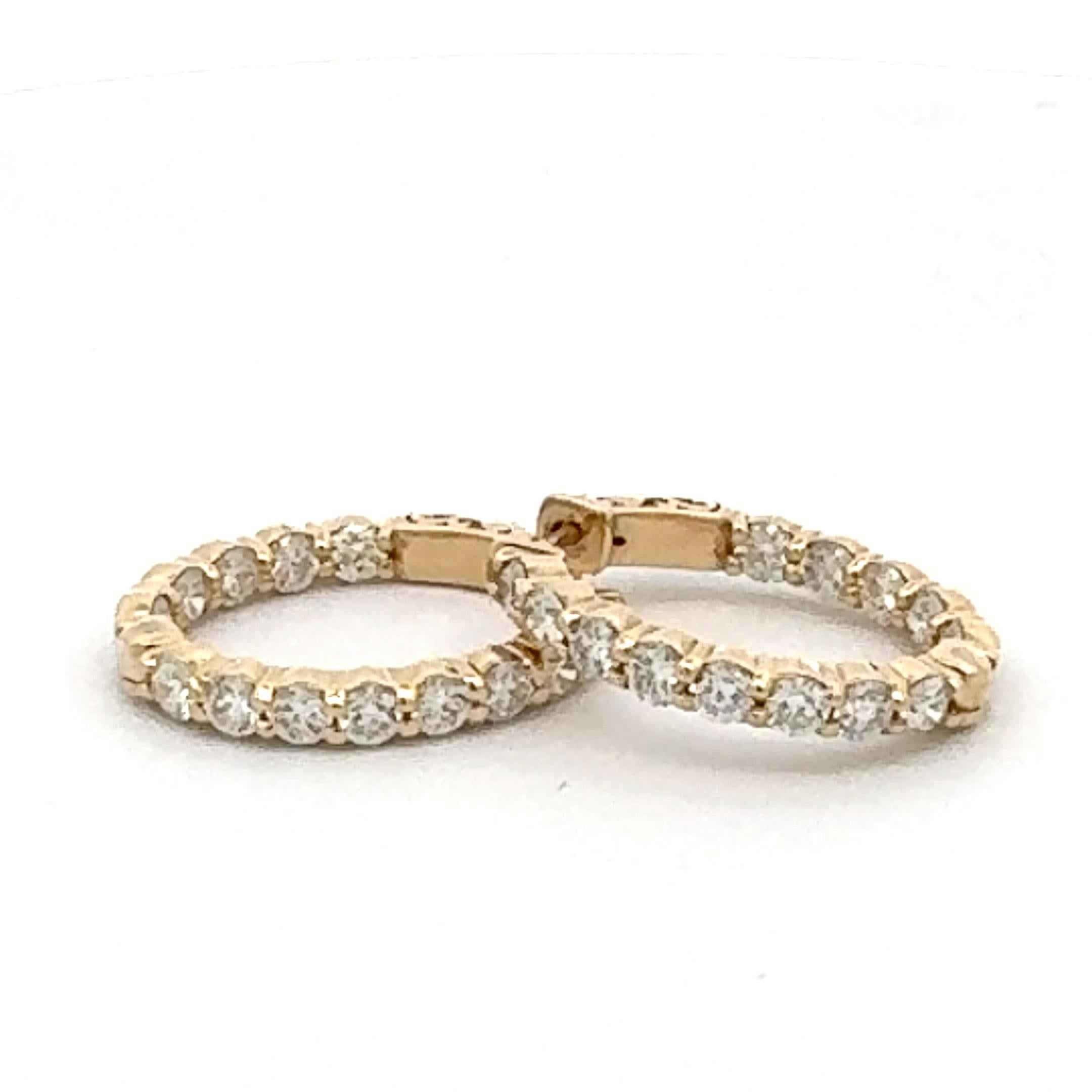 Round Cut Yellow Gold In and Out Diamond hoop Earrings For Sale