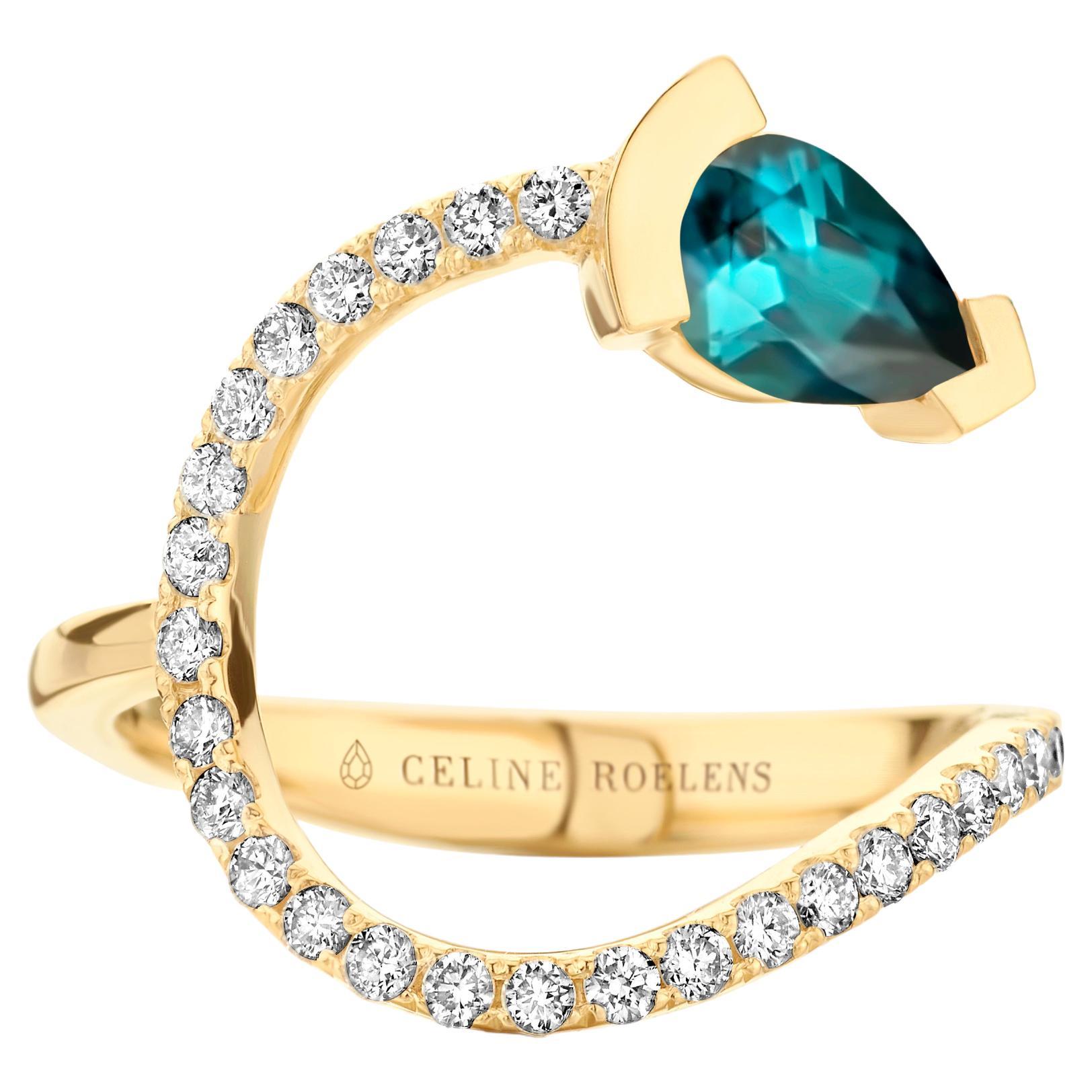 Yellow Gold Indicolite Diamond Cocktail Ring  For Sale
