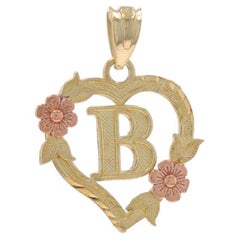 Yellow Gold Initial B Floral Heart Pendant - 10k Monogram Letter