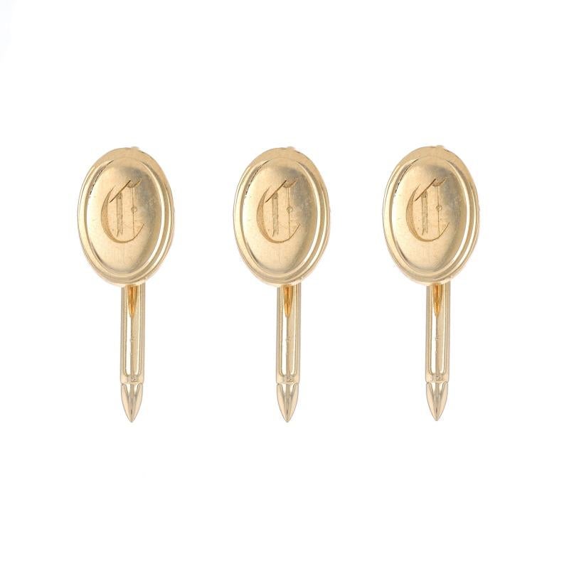 Metal Content: 14k Yellow Gold

Style: Set of 3 Shirt Studs
Theme: Initial C, Oval Monogram Script Letter

Measurements
Face Height (north to south): 17/32