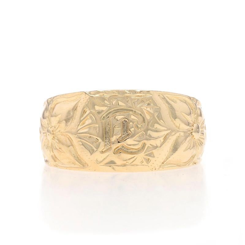 Size: 8
Sizing Fee: Up 3 sizes for $40 or Down 2 sizes for $30

Note: If resized, the pattern along the shank will be removed

Metal Content: 14k Yellow Gold

Style: Signet
Theme: Initial E Hawaiian Plumeria, Monogram Letter
Features: Etched Floral