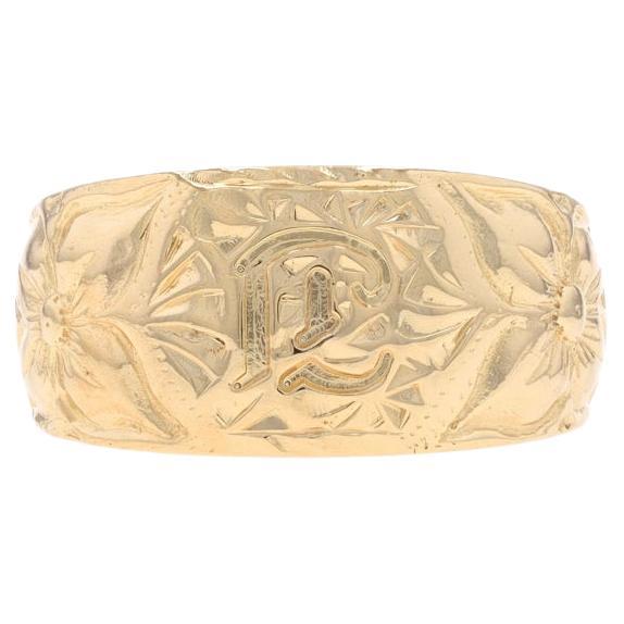 Yellow Gold Initial E Hawaiian Plumeria Men's Signet Ring - 14k Monogram Letter