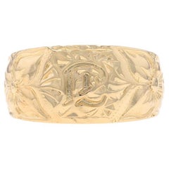 Yellow Gold Initial E Hawaiian Plumeria Men's Signet Ring - 14k Monogram Letter