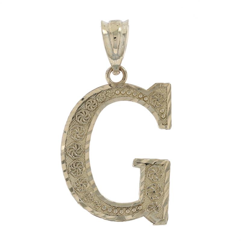 Metal Content: 10k Yellow Gold

Theme: Initial G, Monogram Letter 
Features: Smooth & textured detailing

Measurements
Tall (from stationary bail): 27/32