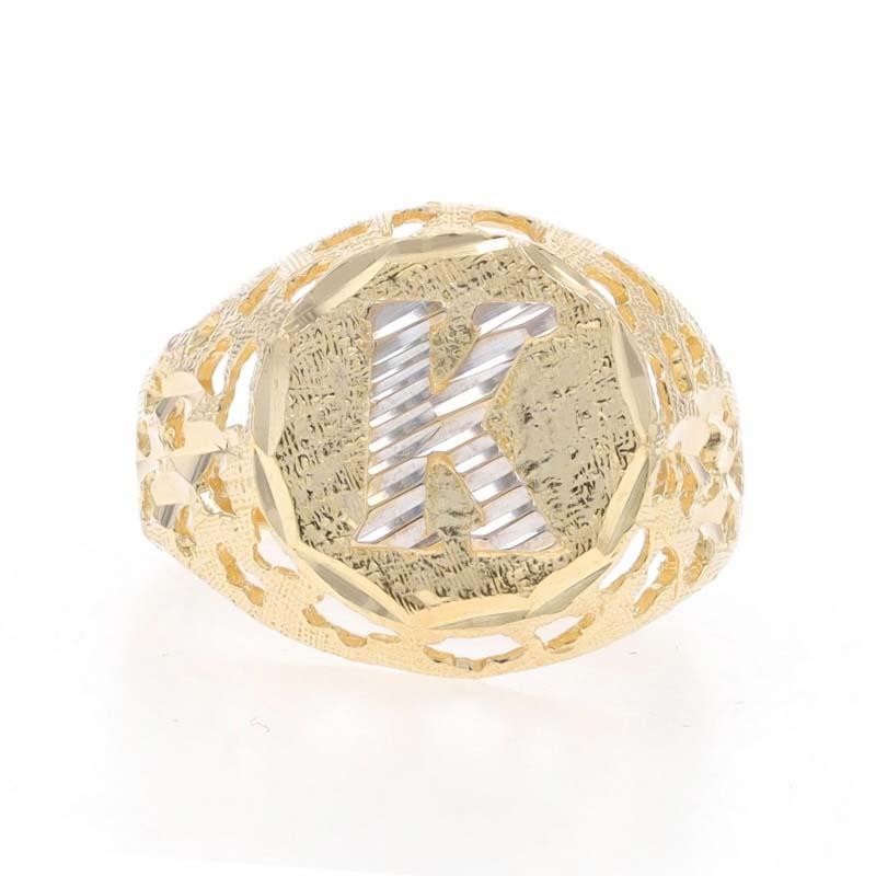 Size: 9 1/2
Sizing Fee: Up 3 sizes for $35 or Down 2 sizes for $25

Metal Content: 10k Yellow Gold & 10k White Gold

Style: Signet
Theme: Initial K, Monogram Letter
Features: Textured & Open Cut Detailing

Measurements

Face Height (north to south):