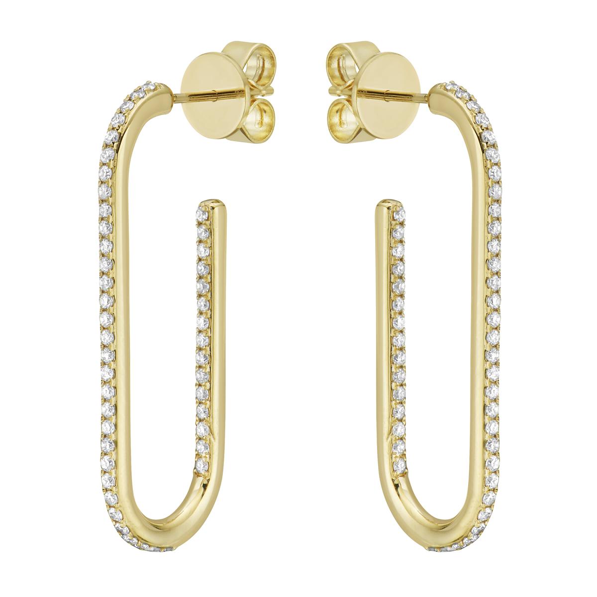 These hoops are the classic and timeless. They are made from 5.6 grams of 18 karat yellow gold with a row of diamonds on the outside as well as the inside. The 92 diamonds are VS2, G color and total 0.54 carats. They are secured through the ear with