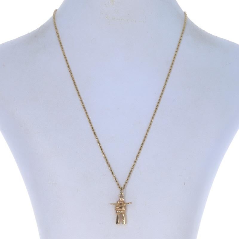 Metal Content: 14k Yellow Gold

Chain Style: Rope
Necklace Style: Chain
Fastening Type: Lobster Claw Clasp
Theme: Inukshuk, Arctic Stone Human

Measurements

Item 1: Pendant
Tall (from stationary bail): 29/32