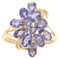 Yellow Gold Iolite Cluster Cocktail Ring - 10k Oval & Round 1.14ctw Floral