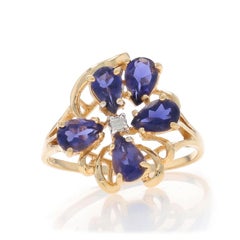 Yellow Gold Iolite Diamond Cluster Cocktail Ring - 14k Pear 1.26ctw Floral
