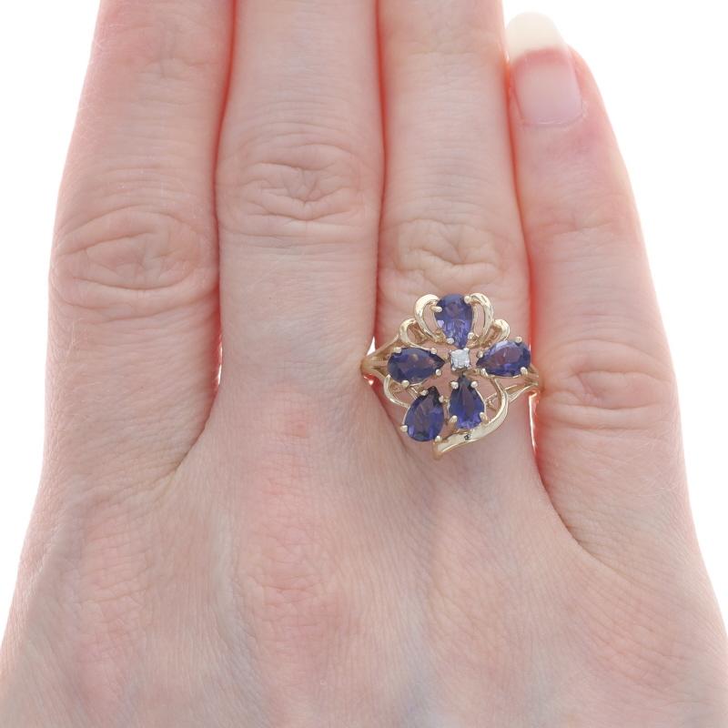 Pear Cut Yellow Gold Iolite Diamond Cluster Cocktail Ring - 14k Pear 1.26ctw Floral For Sale