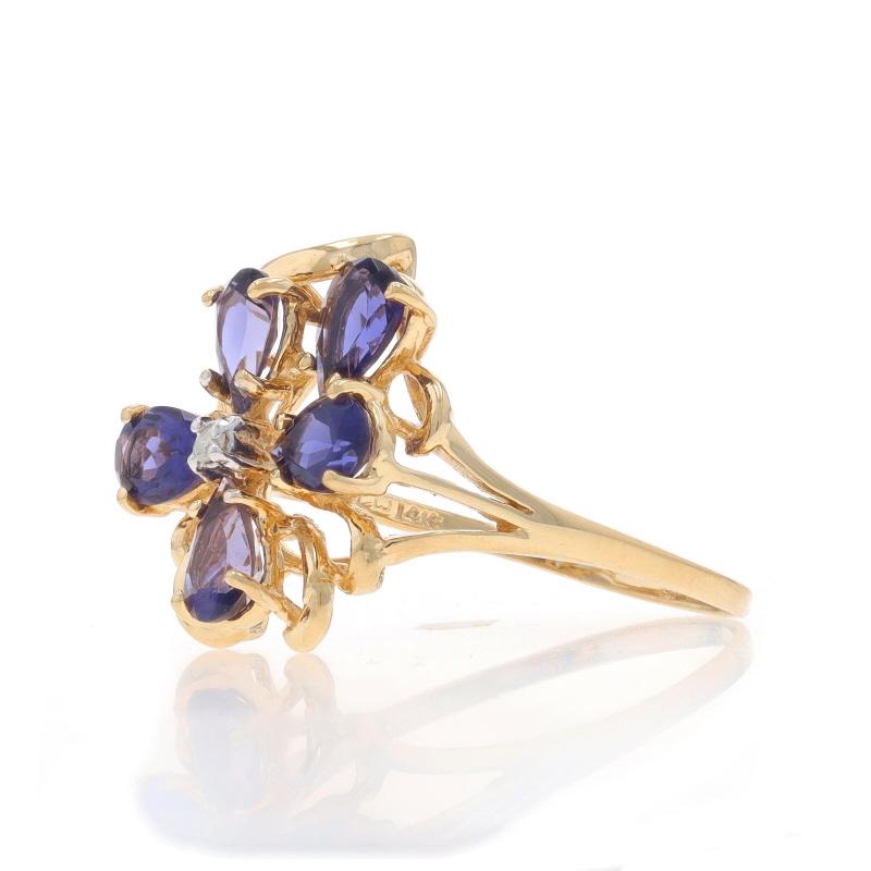 Yellow Gold Iolite Diamond Cluster Cocktail Ring - 14k Pear 1.26ctw Floral In Excellent Condition For Sale In Greensboro, NC