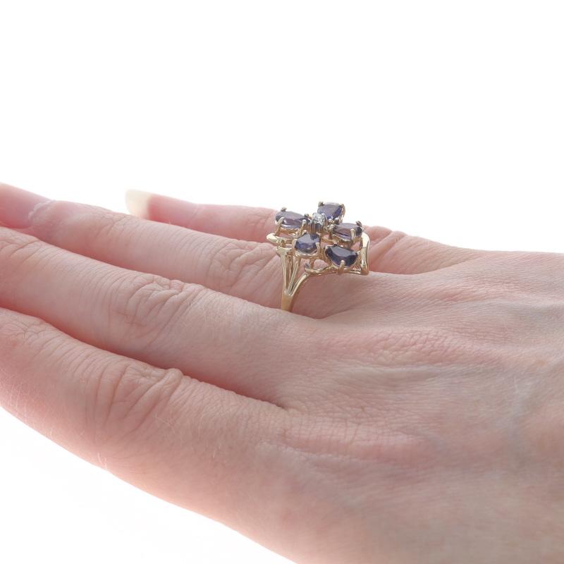 Women's Yellow Gold Iolite Diamond Cluster Cocktail Ring - 14k Pear 1.26ctw Floral For Sale