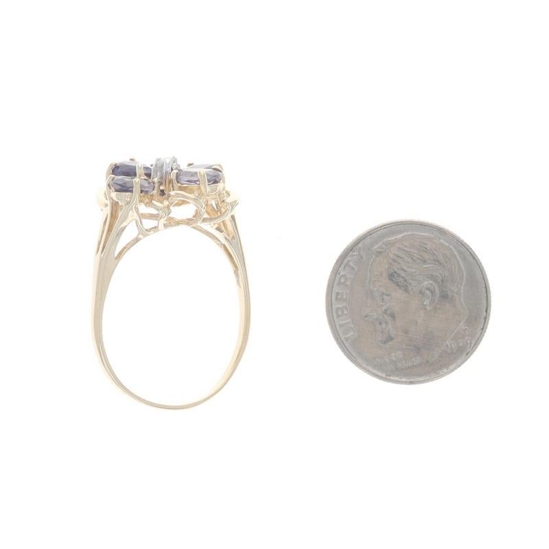 Yellow Gold Iolite Diamond Cluster Cocktail Ring - 14k Pear 1.26ctw Floral For Sale 1