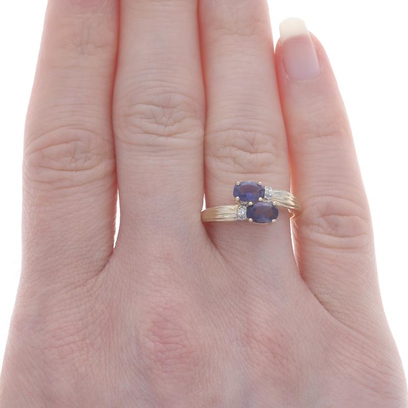 Oval Cut Yellow Gold Iolite Diamond Ring - 14k Oval .58ctw Two-Stone Bypass For Sale