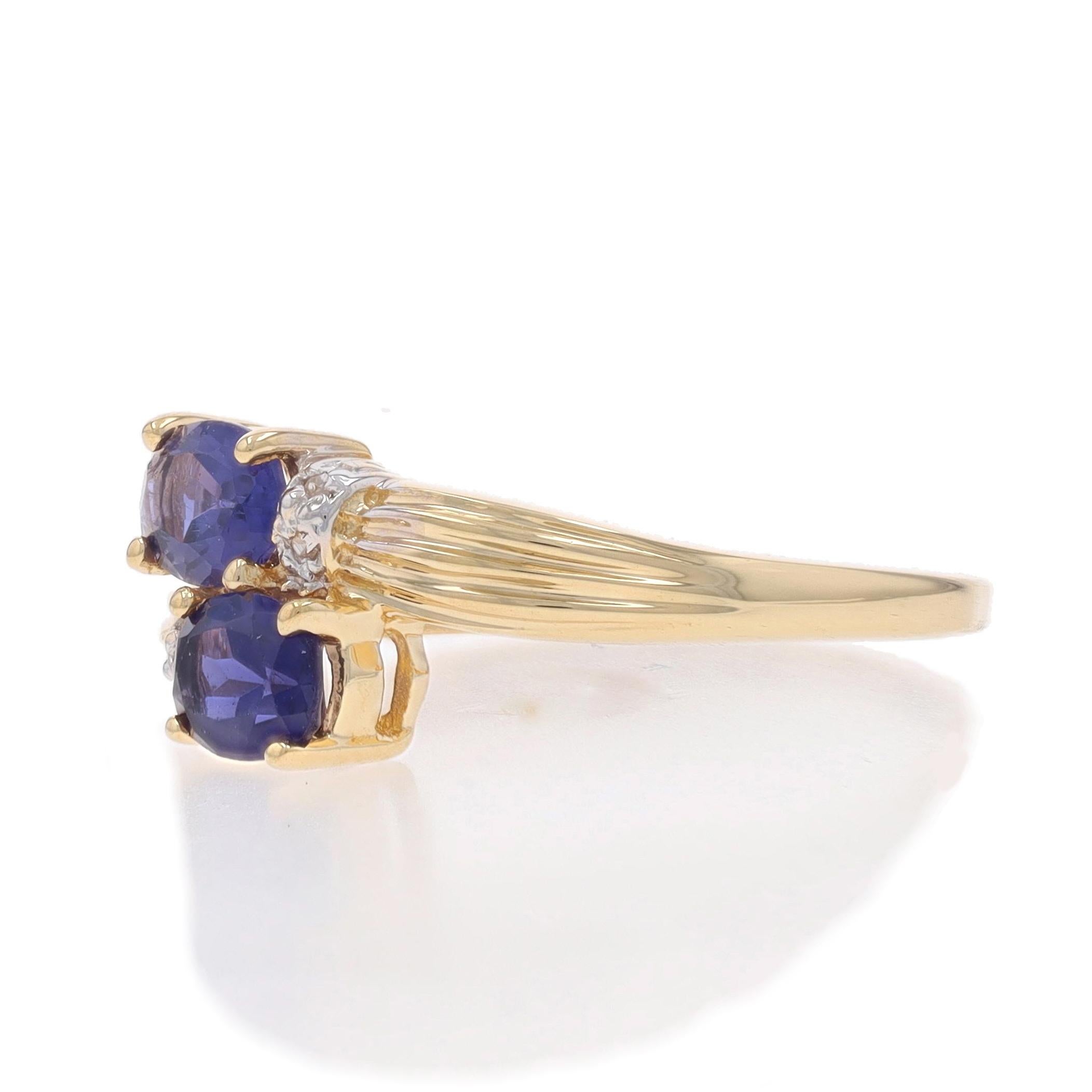 Yellow Gold Iolite Diamond Ring - 14k Oval .58ctw Two-Stone Bypass In Excellent Condition For Sale In Greensboro, NC