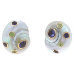 Yellow Gold Iolite Peridot Trianon Shell Spiral Stud Earrings 18k Polka Dot