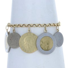 Yellow Gold Italian Replica Coin Charm Bracelet 7 1/4" 14k Gold & Silver Toned