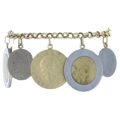 Yellow Gold Italian Replica Coin Charm Bracelet 7 1/4" 14k Gold & Silver Toned