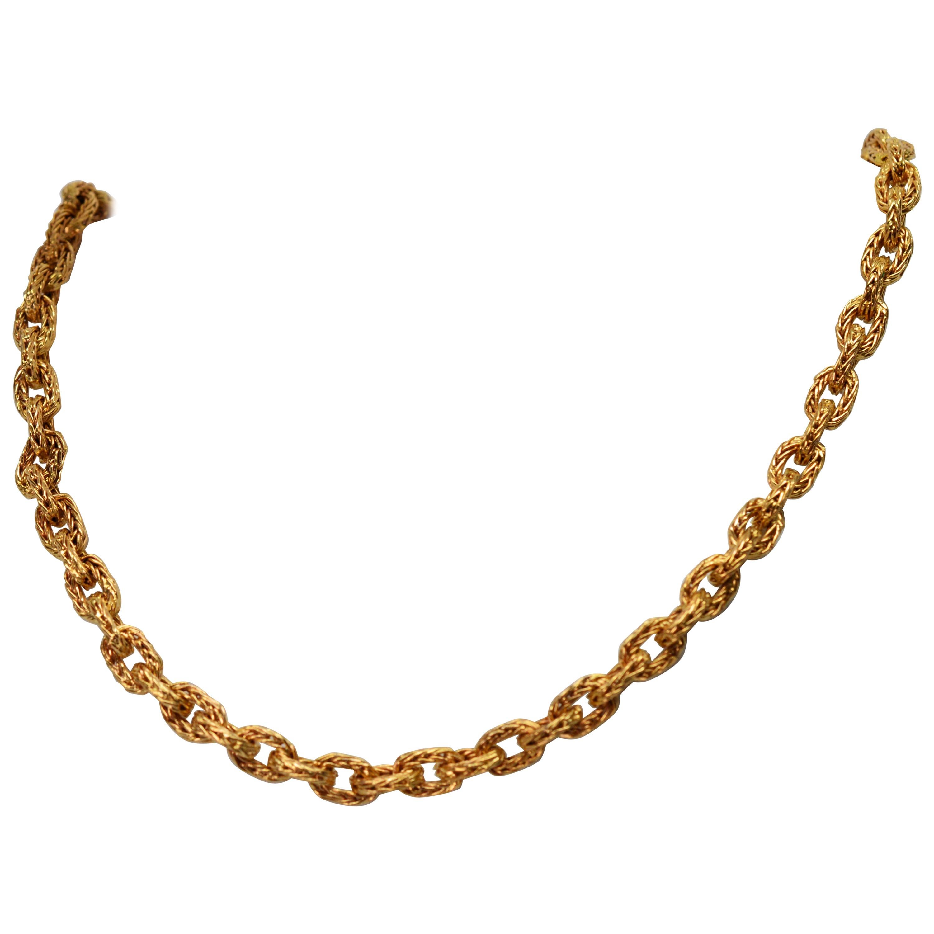 18 Karat Yellow Gold Italian Woven Rustic Link Cable Chain Necklace