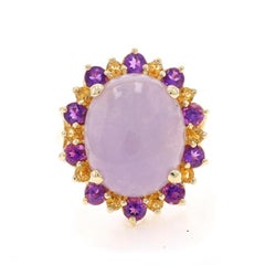 Yellow Gold Jade Amethyst Citrine Halo Ring - 14k Oval Cabochon 12.36ctw Floral