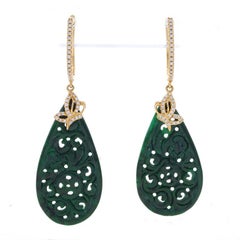 Yellow Gold Jade & Diamond Butterfly Hoop Dangle Earrings - 18k Carved .25ctw