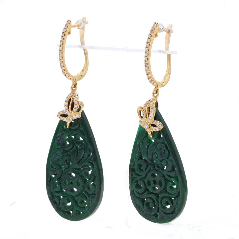 Round Cut Yellow Gold Jade & Diamond Butterfly Hoop Dangle Earrings - 18k Carved .25ctw For Sale